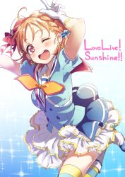 Rule 34 | 10s, 1girl, ;d, ahoge, aozora jumping heart, blush, bow, braid, chiigo, earrings, hair ornament, hat, highres, jewelry, looking at viewer, love live!, love live! school idol project, love live! sunshine!!, mini hat, one eye closed, open mouth, orange hair, red eyes, red hair, short hair, simple background, skirt, smile, solo, striped clothes, striped thighhighs, takami chika, thighhighs, v, white background