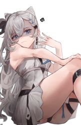 Rule 34 | 1girl, absurdres, bare shoulders, belt buckle, black panties, blue eyes, braid, braided bangs, breasts, buckle, closed mouth, commentary, cone hair bun, disgust, double bun, dress, earrings, grey dress, grey hair, hair between eyes, hair bun, hair ornament, hairclip, highres, hololive, hololive indonesia, jewelry, long hair, looking at viewer, medium breasts, numamus, panties, simple background, sitting, sleeveless, sleeveless dress, solo, squiggle, thighs, underwear, vestia zeta, virtual youtuber, white background