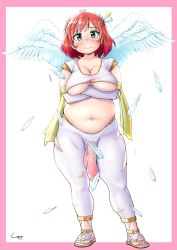 Rule 34 | 1girl, ahoge, angel wings, anklet, arms under breasts, blue eyes, blush, border, breasts, cleavage, closed mouth, convenient censoring, crop top, dot nose, elbow gloves, feathered wings, feathers, flaccid, full body, furrowed brow, futanari, gloves, hair ornament, head tilt, highres, jewelry, large breasts, large penis, looking at viewer, medium hair, navel, pantyhose, penis, pink border, plump, red hair, sandals, shigekikkusu, shirt, short sleeves, skindentation, solo, standing, tareme, testicles, thick thighs, thighs, torn clothes, torn pantyhose, torn shirt, underboob, white background, white gloves, white pantyhose, white wings, wings