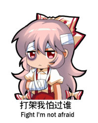 Rule 34 | 1girl, bandages, bilingual, bow, bruise, bruised eye, cast, chibi, chinese commentary, chinese text, commentary request, english text, fujiwara no mokou, hair between eyes, hair bow, injury, jokanhiyou, long hair, meme, mixed-language text, red eyes, short sleeves, solo, suspenders, touhou, translation request, very long hair, white background