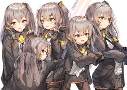 Rule 34 | 5girls, :d, :p, armband, black gloves, black jacket, black legwear, black ribbon, blush, brown eyes, brown hair, character name, clone, commentary request, dduck kong, fingerless gloves, girls&#039; frontline, gloves, grey hair, gun, h&amp;k ump, h&amp;k ump, hair between eyes, hair ornament, hands up, heckler &amp; koch, highres, holding, holding gun, holding weapon, hood, hood down, hooded jacket, hug, jacket, long hair, long sleeves, looking at viewer, multiple girls, name connection, neck ribbon, object namesake, one side up, open clothes, open jacket, open mouth, pantyhose, ribbon, scar, scar across eye, scar on face, shirt, sidelocks, skirt, sleeves past fingers, sleeves past wrists, smile, submachine gun, tongue, tongue out, ump45 (girls&#039; frontline), very long hair, weapon, white background, white shirt