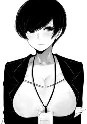 Rule 34 | 1girl, black hair, blazer, breasts, cleavage, commentary, crossed arms, earrings, female focus, jacket, jewelry, large breasts, monochrome, office lady, original, short hair, simple background, solo, upper body, white background