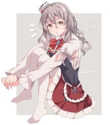 Rule 34 | 1girl, artist logo, bodice, bow, bowtie, brown eyes, grey background, grey hair, hat, highres, kantai collection, knees together feet apart, knees up, kukimaru, legs, looking at viewer, messy hair, mini hat, no shoes, notice lines, pola (kancolle), red bow, red bowtie, red skirt, shirt, sitting, skirt, solo, thick eyebrows, thighhighs, tilted headwear, wavy hair, white shirt, white thighhighs