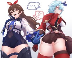 Rule 34 | ..., 2girls, absurdres, amber (genshin impact), amber (genshin impact) (cosplay), ass, blouse, blue footwear, blue gloves, blue hair, blue shorts, boots, breasts, brown eyes, brown gloves, brown hair, brown shorts, clenched hand, cosplay, costume switch, eula (genshin impact), eula (genshin impact) (cosplay), genshin impact, gloves, hair ribbon, high-waist shorts, highres, hood, hoodie, kirima (user danf8787), large breasts, looking at viewer, looking back, looking down, medium breasts, multiple girls, musical note, pouch, red hoodie, red legwear, red ribbon, ribbon, shirt, short hair, short shorts, shorts, skindentation, smile, speech bubble, spoken ellipsis, spoken musical note, thick thighs, thigh boots, thighhighs, thighs, v, white background, white shirt