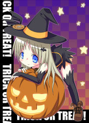 Rule 34 | 1girl, bad id, bad pixiv id, blonde hair, blue eyes, detached sleeves, fuyuno (ramentaro23), halloween, hat, jack-o&#039;-lantern, little busters!, long hair, noumi kudryavka, pumpkin, solo, striped clothes, striped thighhighs, thighhighs, trick or treat, witch hat