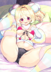 Rule 34 | 1girl, absurdres, ass, bed, belly, blonde hair, bra, breasts, commentary request, cotton candy, denim, denim shorts, fujishima-sei ichi-gou, heart, heart-shaped pupils, highres, long hair, looking at viewer, looking through own legs, lying, medium breasts, off shoulder, official art, on back, open clothes, open mouth, personification, pillow, pink bra, purple eyes, short shorts, shorts, solo, spread legs, striped clothes, striped thighhighs, symbol-shaped pupils, thighhighs, twintails, underboob, underwear