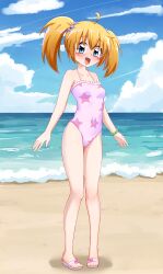 Rule 34 | 1girl, absurdres, blonde hair, blue eyes, blue sky, breasts, highleg, highleg swimsuit, highres, horizon, kirarin revolution, one-piece swimsuit, sky, small breasts, swimsuit, tsukishima kirari, twintails