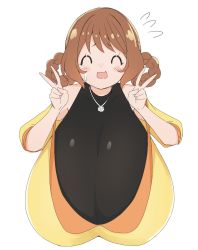 Rule 34 | 1girl, :3, alternate breast size, bare shoulders, black shirt, blouse, blush, breasts, brown hair, cleavage, closed eyes, delicious party precure, double v, food, gigantic breasts, hair rings, hanamichi ran, highres, jewelry, kamaboko, leaning forward, narutomaki, necklace, nervous, nervous smile, open mouth, precure, sabanotami, shirt, short hair, smile, solo, sweat, sweatdrop, tight clothes, tight shirt, v, vest, white background, yellow vest