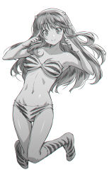Rule 34 | 1girl, armpits, bare arms, bra, breasts, cleavage, closed mouth, collarbone, floating hair, full body, greyscale, groin, highres, horns, index finger raised, kazuma muramasa, kneehighs, long hair, looking at viewer, lum, medium breasts, monochrome, navel, panties, shiny skin, simple background, sketch, smile, socks, solo, strapless, strapless bra, striped bra, striped clothes, striped panties, striped socks, thigh gap, underwear, underwear only, urusei yatsura, white background