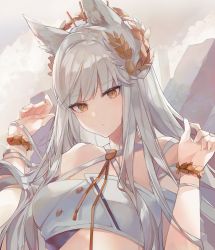 Rule 34 | 1girl, absurdres, animal ears, arknights, bare shoulders, blunt bangs, blush, bracelet, brown eyes, closed mouth, cloud, criss-cross halter, day, halterneck, hands up, highres, horse ears, horse girl, huge filesize, jewelry, laurel crown, long hair, looking at viewer, official alternate costume, outdoors, platinum (arknights), platinum (shimmering dew) (arknights), revealing clothes, saibe, silver hair, solo, upper body