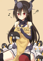 Rule 34 | 10s, 1girl, apron, bad id, bad pixiv id, bare shoulders, beamed quavers, black hair, blush, failure penguin, headgear, kantai collection, long hair, miss cloud, musical note, nagato (kancolle), puka puka, quaver, red eyes, red thighhighs, sitting, skirt, smile, solo, takehana note, thighhighs