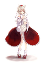 Rule 34 | 1girl, animal ears, bad id, bad pixiv id, detached sleeves, frilled skirt, frills, geta, hat, highres, holding own tail, holding tail, inubashiri momiji, looking at viewer, pigeon-toed, pom pom (clothes), red eyes, red skirt, short hair, silver hair, skirt, smile, solo, tail, tengu-geta, tokin hat, touhou, white background, white legwear, wide sleeves, wolf ears, wolf tail, yukitourou