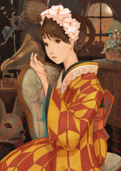 Rule 34 | 1girl, brown eyes, brown hair, flower, from side, hair flower, hair ornament, hat, indoors, japanese clothes, kimono, lace, lips, lipstick, makeup, obi, original, parted lips, phonograph, rabbit, sash, sitting, solo, string, string of fate, tanatelier, window, yagasuri