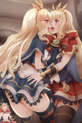 Rule 34 | 3girls, black legwear, blonde hair, blue cape, blue dress, blush, bracer, brown hair, cagliostro (dark) (granblue fantasy), cagliostro (granblue fantasy), cape, capelet, clarisse (granblue fantasy), dress, dual persona, fingerless gloves, french kiss, gloves, grabbing, granblue fantasy, hairband, hand on another&#039;s hip, highres, kiss, kurosususu, long hair, multiple girls, open mouth, partially fingerless gloves, purple eyes, red cape, red dress, selfcest, spiked hairband, spikes, standing, surprised, thighhighs, tongue, tongue out, yuri