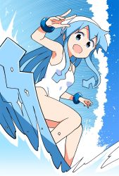 Rule 34 | 1girl, anbe masahiro, blue eyes, blue hair, commentary, day, from below, hat, highres, ikamusume, long hair, looking at viewer, marine day, one-piece swimsuit, open mouth, outdoors, shinryaku! ikamusume, solo, squid hat, surfing, swimsuit, tentacle hair, tidal wave, white hat, white one-piece swimsuit