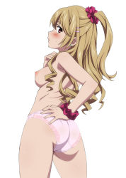 Rule 34 | 10s, 1girl, aiba asagi, ass, blonde hair, blush, breasts, drill hair, earrings, hair ornament, hairclip, hand on own hip, highres, jewelry, kekke, lace, lace-trimmed panties, lace trim, long hair, looking at viewer, looking back, nipples, panties, ponytail, red eyes, scrunchie, simple background, solo, strike the blood, sweatdrop, topless, underwear, white background