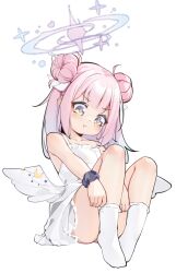 Rule 34 | 1girl, angel wings, apron, ass, blue archive, blush, closed mouth, collarbone, crescent, crescent pin, double bun, feathered wings, hair bun, halo, highres, long hair, mika (blue archive), painterliuhao, pink hair, pink halo, pout, simple background, sock pull, socks, solo, white apron, white background, white socks, white wings, wings, yellow eyes