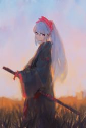 Rule 34 | 1girl, absurdres, black hakama, blue hair, blue sky, closed mouth, commentary request, day, field, hair between eyes, hair ornament, hakama, hakama skirt, head tilt, high ponytail, highres, holding, holding sheath, japanese clothes, katana, kisei2, long hair, long sleeves, looking at viewer, looking to the side, original, outdoors, ponytail, red eyes, sheath, sheathed, sidelocks, skirt, sky, sleeves past fingers, sleeves past wrists, solo, standing, sword, very long hair, weapon, wide sleeves