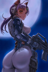 Rule 34 | 1girl, ahoge, animal ears, ass, assault rifle, bodysuit, breasts, cat ears, catsuit, gun, headset, highres, holding, huge ass, large breasts, long hair, mechanical arms, original, ponytail, purple hair, rasukaru, red eyes, rifle, single mechanical arm, solo, weapon