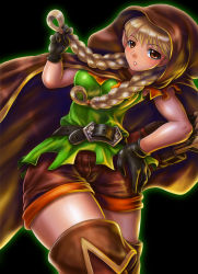 Rule 34 | 1girl, arrow (projectile), belt, blonde hair, boken fantasy, boots, braid, breasts, brown eyes, cloak, dragon&#039;s crown, elf, elf (dragon&#039;s crown), female focus, gloves, gradient background, highres, hood, hooded cloak, pointy ears, quiver, shorts, solo, thigh boots, thighhighs, twin braids