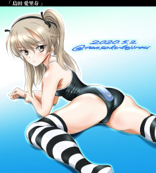 1girl, absurdres, ass, bangs, black legwear, black ribbon, black swimsuit, blue background, character name, closed mouth, commentary, crotch seam, dated, elbow rest, emblem, eyebrows visible through hair, girls und panzer, gradient, gradient background, hair ribbon, highres, light brown eyes, light brown hair, light frown, long hair, looking at viewer, looking back, lying, on stomach, one-hour drawing challenge, one-piece swimsuit, one side up, print swimsuit, ribbon, selection university (emblem), shadow, shimada arisu, solo, striped, striped legwear, swimsuit, thighhighs, tomokoji, twitter username