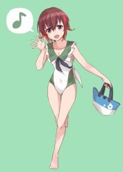 Rule 34 | 1girl, bag, barefoot, breasts, brown hair, casual one-piece swimsuit, cleavage, collarbone, commentary request, eighth note, full body, gradient hair, green background, highres, kantai collection, looking at viewer, minosu, multicolored hair, musical note, mutsuki (kancolle), one-piece swimsuit, open mouth, red eyes, red hair, short hair, simple background, small breasts, smile, solo, spoken musical note, swimsuit, two-tone swimsuit, waving
