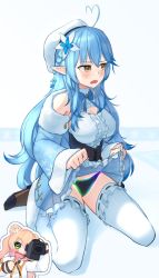 Rule 34 | 2girls, ahoge, black panties, blue flower, blue hair, blue jacket, blush, braid, breasts, camera, cleavage, clothes lift, commentary, corset, double bun, elf, embarrassed, english commentary, fang, flower, glowing, hair bun, hair flower, hair ornament, heart, heart ahoge, heart hair, highres, holding, holding camera, hololive, jacket, lifted by self, long hair, looking to the side, momosuzu nene, multiple girls, neon trim, off-shoulder jacket, off shoulder, open mouth, panties, pointy ears, rgb lights, sitting, skin fang, skirt, skirt lift, thighhighs, two side up, underwear, very long hair, virtual youtuber, wariza, white flower, white jacket, white theme, yellow eyes, yoako, yukihana lamy