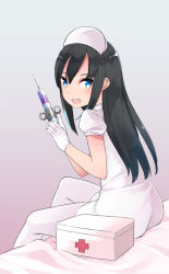 Rule 34 | 1girl, alternate costume, arms up, asashio (kancolle), bed, black hair, blue eyes, blush, comah, commentary request, dress, first aid kit, gloves, hat, holding, kantai collection, latex, latex gloves, long hair, looking at viewer, nurse, nurse cap, open mouth, puffy short sleeves, puffy sleeves, short sleeves, sitting, smile, solo, syringe, thighhighs, white dress, white gloves, white thighhighs