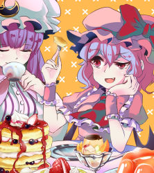 Rule 34 | 2girls, :d, ascot, bat wings, berry, blouse, blue hair, blunt bangs, bow, closed eyes, cream, crescent, cup, dessert, drinking, elbow rest, fang, food, fork, frilled sleeves, frills, fruit, fuente, gelatin, hair between eyes, hair bow, hat, hat bow, hat ornament, head rest, holding, holding cup, holding fork, ice cream, knife, long hair, mob cap, multiple girls, open mouth, pancake, pancake stack, patchouli knowledge, pink shirt, pinky out, plate, pudding, purple hair, red eyes, remilia scarlet, ribbon, shirt, short hair, short sleeves, side-by-side, smile, strawberry, striped, sweets, syrup, table, teacup, touhou, vertical stripes, whipped cream, wings, wrist cuffs, yellow background