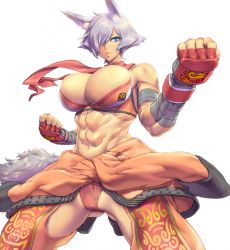 Rule 34 | 1girl, abs, animal ears, bandages, biceps, blue eyes, breasts, cleavage, clenched hands, clothes around waist, fingerless gloves, gloves, grey hair, hair over one eye, huge breasts, jacket, lips, muscular, muscular female, original, scarf, short hair, simple background, solo, tail, tank top, white background, wolf ears, wolf girl, wolf tail, zunta