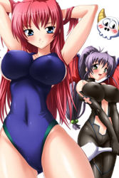 Rule 34 | 00s, 2girls, adjusting hair, ane haramix, arms behind head, bat wings, blue eyes, blush, breasts squeezed together, breasts, competition swimsuit, cross, demon girl, demon wings, covered erect nipples, green eyes, hair bobbles, hair ornament, horns, large breasts, lilith-soft, long hair, lowres, mina (ane haramix), multiple girls, official art, one-piece swimsuit, ponytail, purple hair, red hair, shinigami oyabin, sideboob, skull, smile, swimsuit, takami hitomi, wings, yasuno yoshiaki, yuri