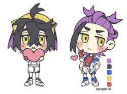 Rule 34 | 1boy, black hair, blue socks, blush stickers, chibi, closed mouth, color guide, creatures (company), forehead, game freak, gloves, hair between eyes, hairband, heart, highres, holding, holding heart, jacket, kieran (pokemon), long sleeves, male focus, multicolored hair, nintendo, off shoulder, open clothes, open jacket, parted lips, partially fingerless gloves, pokemon, pokemon sv, popo (popopuri), puffy long sleeves, puffy sleeves, purple hair, red gloves, red tank top, shoes, short eyebrows, shorts, simple background, socks, tank top, thick eyebrows, two-tone hair, v-shaped eyebrows, white background, white footwear, white jacket, white shorts, yellow eyes, yellow hairband