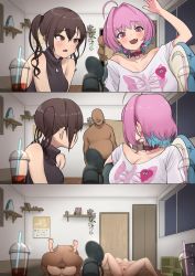 Rule 34 | 1boy, 2girls, bar censor, bedroom, blush, breasts, brown hair, censored, choker, cleavage, clothed female nude male, cum, cum in pussy, earrings, faceless, faceless male, head back, idolmaster, idolmaster cinderella girls, indoors, jewelry, large breasts, livestream, mating press, microphone, mole, mole under eye, multiple girls, nude, open door, pink hair, rape, recording, sex, smile, spread legs, sunazuka akira, testicles, textless version, ushikani kassen, yumemi riamu