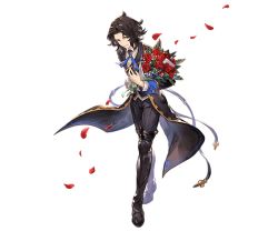 Rule 34 | 10s, 1boy, black hair, blue eyes, bouquet, flower, full body, granblue fantasy, holding, holding bouquet, lancelot (granblue fantasy), long hair, male focus, minaba hideo, official art, parted lips, petals, rose, rose petals, smile, solo, the dragon knights, transparent background