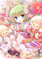 Rule 34 | &gt; &lt;, 1girl, :d, ahoge, arrow (projectile), bell, black footwear, blue eyes, bow, closed eyes, dress, floral print, flower, frills, green hair, hair bow, hand fan, horns, jingle bell, kamishiro piyo, looking at viewer, new year, open mouth, original, paper fan, sheep, sheep horns, shoes, smile, striped clothes, striped thighhighs, thighhighs