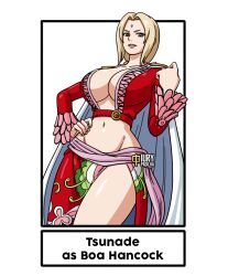 Rule 34 | 1girl, blonde hair, boa hancock, breasts, brown eyes, cleavage, cosplay, curvy, highres, iury padilha, large breasts, legs, long hair, looking at viewer, mature female, midriff, naruto (series), navel, one piece, parted lips, pink lips, sarong, seductive smile, smile, solo, thighs, tsunade (naruto)
