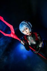 Rule 34 | 1girl, ayanami rei, ayanami rei (cosplay), black background, blue hair, breasts, cosplay, evangelion: 3.0 you can (not) redo, glico happy, highres, neon genesis evangelion, rebuild of evangelion, tagme