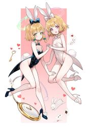 Rule 34 | 2girls, alternate costume, animal ears, bare arms, bare legs, black bow, black bowtie, black footwear, black leotard, blonde hair, blue archive, bow, bowtie, breasts, card, cleavage, commentary, covered navel, detached collar, fake animal ears, fake tail, full body, green bow, green eyes, hair bow, halo, high heels, holding hands, interlocked fingers, leotard, midori (blue archive), momoi (blue archive), multiple girls, picter, pink bow, pink eyes, playboy bunny, playing card, pocket watch, rabbit, rabbit ears, rabbit tail, short hair, siblings, sisters, small breasts, tail, twins, watch, white bow, white bowtie, white footwear, white leotard