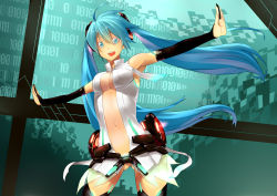 Rule 34 | 1girl, ahoge, aqua eyes, aqua hair, aritoki ritsu, armpits, binary, breasts, cleavage, hatsune miku, hatsune miku (append), highres, long hair, navel, open mouth, outstretched arms, solo, spread arms, thighhighs, twintails, very long hair, vocaloid, vocaloid append