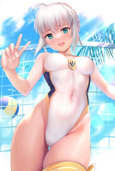 Rule 34 | 1girl, absurdres, ahoge, aqua eyes, artoria pendragon (fate), artoria pendragon (swimsuit archer) (fate), artoria pendragon (swimsuit archer) (fate) (cosplay), artoria pendragon (swimsuit archer) (third ascension) (fate), bare shoulders, besmiled, blush, braid, breasts, commission, cosplay, fate/grand order, fate (series), french braid, gray (fate), grey hair, highres, long hair, looking at viewer, lord el-melloi ii case files, open mouth, pixiv commission, sidelocks, solo, swimsuit