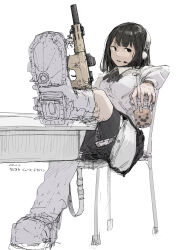 Rule 34 | 1girl, black eyes, black hair, black shorts, black skirt, bubble tea, character request, collared shirt, copyright request, dated, desk, drinking straw, feet on table, food, gun, headphones, highres, holding, holding food, holding gun, holding weapon, kappa modoki, long sleeves, medium hair, microphone, school desk, shirt, shorts, skirt, studio microphone, translation request, weapon, white background, white shirt