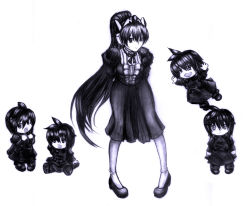 Rule 34 | 1girl, 4boys, absurdres, android, antenna hair, arms at sides, chibi, dazzle (shinkonryu), flying, full body, highres, legs apart, long hair, long skirt, long sleeves, looking to the side, mini person, miniboy, monochrome, multiple boys, original, pigeon-toed, ponytail, purple theme, robot ears, shoes, simple background, skirt, standing, very long hair, white background