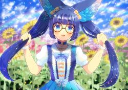 Rule 34 | 1girl, animal ear fluff, animal ears, black-framed eyewear, blue bow, blue choker, blue eyes, blue hair, blue skirt, blue sky, blue vest, blurry, blurry background, bow, breasts, choker, cloud, cloudy sky, collarbone, collared shirt, day, depth of field, ear piercing, earrings, flower, glasses, hands up, highres, holding, holding hair, indie virtual youtuber, jewelry, kira kuroto, kou hiyoyo, looking at viewer, outdoors, piercing, pleated skirt, puffy short sleeves, puffy sleeves, round eyewear, shirt, short sleeves, sidelocks, skirt, sky, small breasts, snowflake earrings, solo, sunflower, thick eyebrows, twintails, vest, virtual youtuber, white shirt, yellow flower