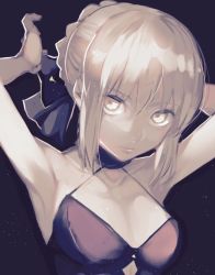 Rule 34 | 1girl, armpits, arms behind head, artoria pendragon (fate), bad id, bad twitter id, black dress, blonde hair, breasts, cleavage, dress, fate/grand order, fate/stay night, fate (series), looking at viewer, saber (fate), saber alter, sleeveless, sleeveless dress, solo, ya 4004, yellow eyes