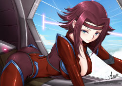 Rule 34 | 1girl, adsouto, ass, bodysuit, breasts, cockpit, code geass, commentary, english commentary, green eyes, headband, highres, kouzuki kallen, large breasts, looking at viewer, lying, on stomach, partially unzipped, red bodysuit, red hair, shiny clothes, signature, skin tight, solo