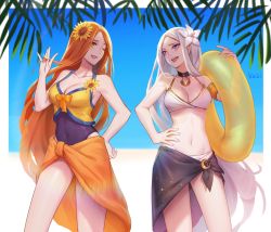Rule 34 | 2girls, :d, ;d, artist name, bikini, bow, breasts, choker, cleavage, collarbone, covered navel, diana (league of legends), flower, hair flower, hair ornament, hand on own hip, highres, innertube, kezi, league of legends, leona (league of legends), long hair, looking at another, medium breasts, multiple girls, one eye closed, open mouth, orange eyes, orange hair, pale skin, parted bangs, pool party leona, purple eyes, sarong, smile, sunflower, swim ring, swimsuit, white bikini, white hair