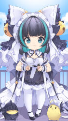 Rule 34 | 1girl, absurdres, aged down, aqua eyes, aqua hair, arm strap, azur lane, bell, black footwear, black hair, bow, bowtie, cloud, colored inner hair, dress, fang, frilled dress, frills, hair bell, hair ornament, helmet, high-low skirt, highres, holding, holding toy, little cheshire (azur lane), maid, maid headdress, manjuu (azur lane), multicolored hair, pantyhose, railing, shadow, skin fang, skirt, sky, streaked hair, toy, toy airplane, two-tone dress, white bow, white bowtie, white pantyhose, white skirt, zhu guan ye