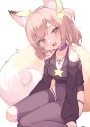 Rule 34 | 1girl, :d, absurdres, animal ear fluff, animal ears, bare shoulders, brown eyes, brown hair, choker, collarbone, commentary, commission, english commentary, fang, fox ears, fox girl, fox tail, hair ornament, highres, klaius, long sleeves, looking at viewer, medium hair, one side up, open mouth, original, purple choker, simple background, smile, solo, star (symbol), star hair ornament, star in eye, symbol in eye, tail, virtual youtuber, white background