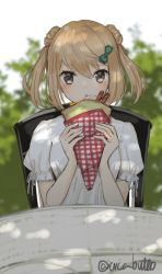 Rule 34 | 1girl, alternate costume, blonde hair, blouse, bow, chair, crepe, dappled sunlight, double bun, food, green bow, hair bun, highres, kantai collection, looking at viewer, michishio (kancolle), puffy short sleeves, puffy sleeves, shirt, short sleeves, short twintails, sitting, solo, sunlight, table, twintails, twitter username, upper body, white shirt, yamashichi (mtseven), yellow eyes
