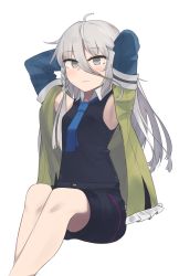 Rule 34 | 1girl, bare legs, black shirt, black shorts, blue necktie, blush, braid, breasts, closed mouth, girls&#039; frontline, grey eyes, grey hair, hands on own head, highres, hinami047, jacket, long hair, looking at viewer, necktie, shirt, shorts, sitting, solo, white background, xm8 (girls&#039; frontline)